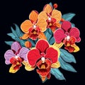 Tropical orchid flowers on dark background in vector pop art style