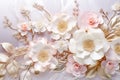 Decorative mural, romantic background with paper flowers and golden twigs, backdrop for wedding photo album in pink tones. Royalty Free Stock Photo