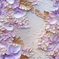 Decorative mural, seamless patter with purple flowers and golden leaves, background for wedding photo album. Generative AI