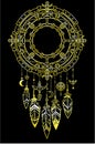 Decorative mystical circle with a beads and ethnic jewelry. Linear drawing, the isolated contour on a black background. Royalty Free Stock Photo