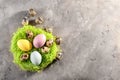 Decorative nest with Easter eggs on grey background