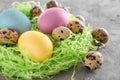 Decorative nest with Easter eggs on grey background, closeup