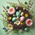 A decorative nest made of twigs holds several pastel-colored eggs adorned with floral patterns. Royalty Free Stock Photo