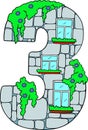 Decorative number for learning and development. Number 3 is a fun figure with windows. Educational picture