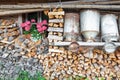 Decorative old milk cans of a mountain hut Royalty Free Stock Photo