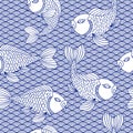 Decorative oriental seamless pattern. Traditional japanese ornament with wave and catfish. Nautical background.