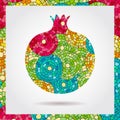 Decorative ornamental pomegranate made of mosaic texture. Vector illustration of fruit logo. Crazy colors abstract hand drawn vect