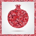 Decorative ornamental pomegranate made of mosaic texture. Vector illustration of fruit logo. Crazy colors abstract hand drawn vect