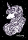 Decorative ornamental Zen tangle Zen doodle Unicorn white on black