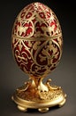 Decorative Ornate red and gold Faberge egg souvenir on display on dark background Royalty Free Stock Photo