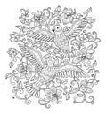 Decorative outline birds in flowers