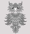 Decorative owl. Adult antistress coloring page. Black and white hand drawn illustration for coloring book Royalty Free Stock Photo