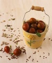 Decorative pail filled with cherry tomatoes.