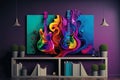 Decorative painted frame with musical instruments above the shelf with books. Music day concept Royalty Free Stock Photo