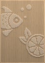 Decorative panel with perforation. Wooden panel in the hole with the image of fish and a piece of lime. 3D render.