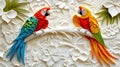 Colorful Macaw Parrots Tropical Relief Art, Textured Floral Background Royalty Free Stock Photo