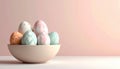 Decorative pastel Easter eggs in bowl on soft pink background, creating festive and cheerful atmosphere. Generative AI Royalty Free Stock Photo