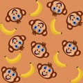 Decorative pattern with bananas and smiling monkey heads on a brown background - vector Royalty Free Stock Photo