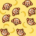 Decorative pattern with bananas and smiling monkey heads on a yellow background - vector Royalty Free Stock Photo