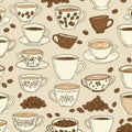 Decorative pattern featuring various styles of coffee cups and saucers against a beige Royalty Free Stock Photo