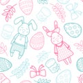 Decorative pattern for a holiday Easter. Rabbits girl and boy, eggs, garland, cake, twigs, bow and other elements for desig Royalty Free Stock Photo