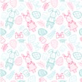 Decorative pattern for a holiday Easter. Rabbits girl and boy, eggs, garland, cake, twigs, bow and other elements for desig Royalty Free Stock Photo