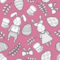 Decorative pattern for a holiday Easter. Rabbits girl and boy, eggs, garland, cake, twigs, bow and other elements for desig Royalty Free Stock Photo