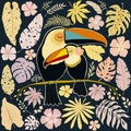 Decorative pattern with toucan birds and tropical leaves