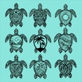 Decorative patterned sea turtle illustrations in black and white Royalty Free Stock Photo