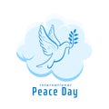 decorative peace day wishes card with dove in cloudy design vector illustration