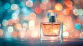 Decorative perfume bottle design with an atomiser on a blurry sparkling background. Decorative perfume bottle with atomiser Royalty Free Stock Photo