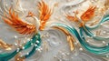 Elegant Phoenix Birds Art with Gold, Pearls, and Teal Waves Royalty Free Stock Photo
