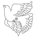 Decorative pigeon flies up spreading its wings, outline drawing, isolated object on a white background,
