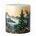 Decorative Pillar Candle with Mountain Lake Scene on White Background Royalty Free Stock Photo