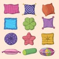 Decorative pillows. Home interior decoration different soft pillows recent vector collection