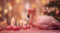 Decorative pink flamingo on the table with candles. Royalty Free Stock Photo