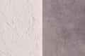 Decorative plaster on the wall is half white and gray. Decorative plaster surface. Grainy abstract texture of the wall Royalty Free Stock Photo