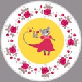 Decorative plate with adorable little mouse - girl in pink dress on yellow background and round floral frame on white backdrop Royalty Free Stock Photo