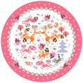 Decorative plate with animals for children. Cute cartoon foxes, squirrels, unicorns and raccoon in a beautiful floral frame