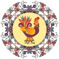 Decorative plate with beautiful floral ornament and cute cartoon cockerel Royalty Free Stock Photo