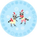 Decorative plate with cute raccoons on the ice skating