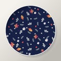 Decorative plate with flowers, leaves and berries. Ditsy floral pattern. Vector illustration