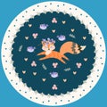 Decorative plate for kids. Cheerful fox cub, little birds, hearts and leaves on dark background in vector