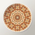 Decorative plate with mandala in ethnic style. Oriental round ornament with flowers and birds