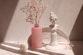 Decorative plate, plaster girl face and pink vase with gypsophila flowers on beige.