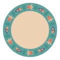 Decorative plate with round ornament. Circular floral frame with fish and turtles swimming in the sea. Marine life