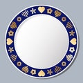 Decorative plate with vintage ornament with hearts and flowers. Circular floral gold frame. Vector EPS 10.