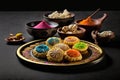 Decorative Plates And Tray With Delicious Gujia Or Gujiya Mithai Jalebi Ghewar Dry Fruits And Colorful Gulal Abeer Or Abir For