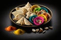 Decorative Plates And Tray With Delicious Gujia Or Gujiya Mithai Jalebi Ghewar Dry Fruits And Colorful Gulal Abeer Or Abir For