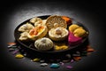 Decorative Plates And Tray With Delicious Gujia Or Gujiya Mithai Jalebi Ghewar Dry Fruits And Colorful Gulal Abeer Or Abir For